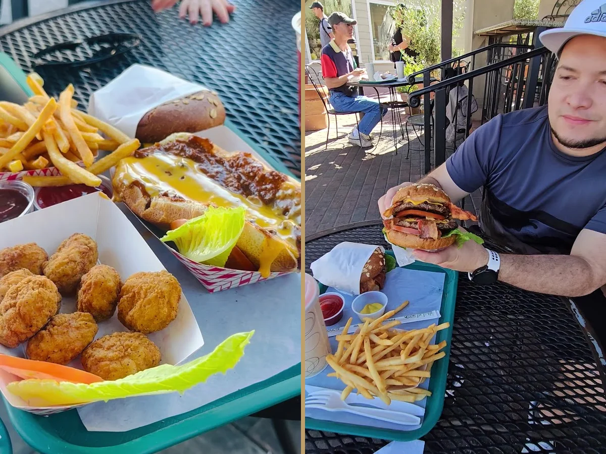 Flame-broiled burgers on a casual dining table.